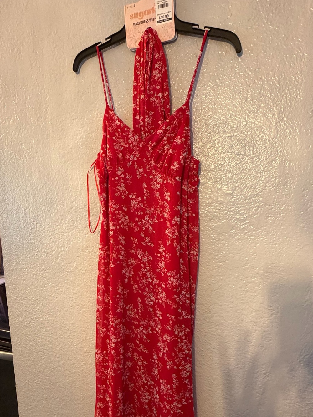 Sugar Red Floral Halter Maxi Dress with White Print